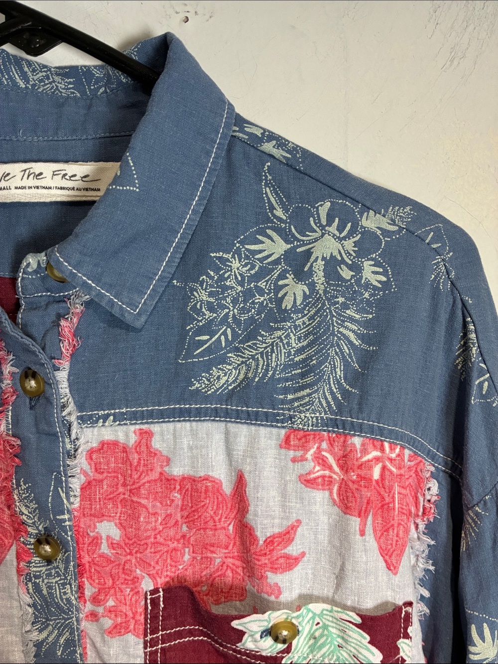 Free People We The Free Patchwork Linen Floral Button Down Shirt S - Picture 5 of 9